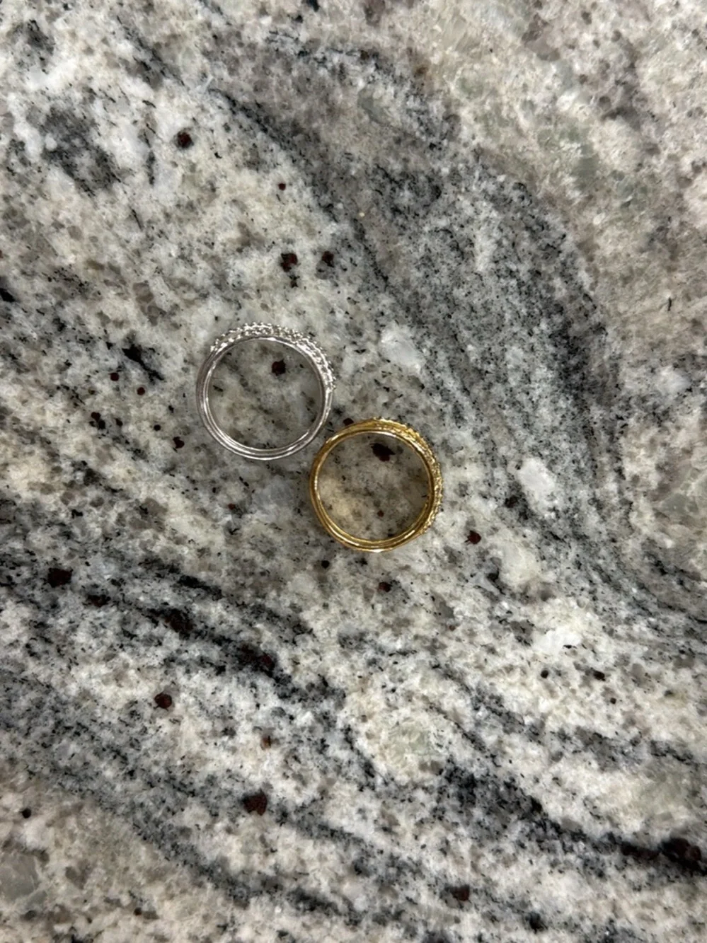 Stella and Dot Set of 2 Multi-Row Pave Crystal Statement Ring - Silver and Gold
